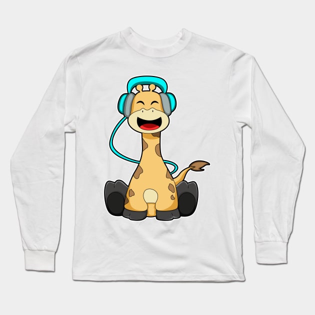 Giraffe at Music with Headphone Long Sleeve T-Shirt by Markus Schnabel